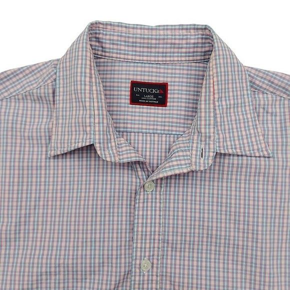 Untuckit Shirt Mens Large Blue Button Up Checks Long Sleeve 100% Cotton Casual - Picture 3 of 11